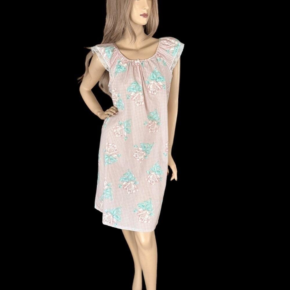 80s Pink Gingham Nightie L Rose Print Dollette Cottagecore Coquette Nightie Gaze